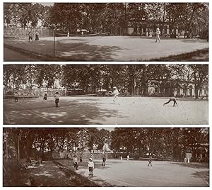 Tennisspieler in Aktion. Drei Original Panorama Fotografien; Albuminabzüge (?) (ca. 1900). Bildfo...