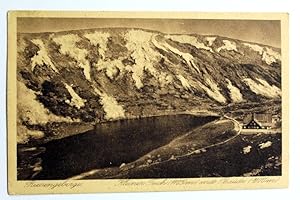 Riesengebirge. Kleiner Teich (1185 m) mit Baude (1200 m)., Echt Kupfertiefdruck.
