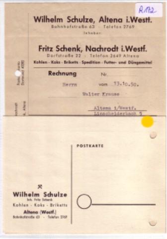 Rechnung + Werbepostkarte Wilhelm Schulze Altena und Fritz Schenk Nachrodt Kohlen Koks Briketts Spedition Futter- und Düngemittel 1950 - Schulze / Schenk