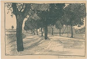 Görcke bei Anklam 1904, Landstraße mit Bäumen und Wiesen, im Hintergrund Gehöft.