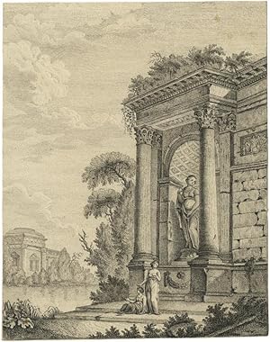 Architekturcapriccio mit Säulen vor einer Mauernische, in der eine weibliche Figur steht, an eine...