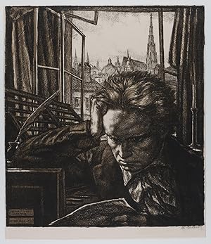 Ludwig van Beethoven beim Studium einer Partitur. Vor einem geöffneten Fenster, durch das man auf...