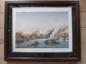 ( Lithographie ). La Flotille (sic) de la Seine forçant l' entrée à la barricade du Point du Jour...