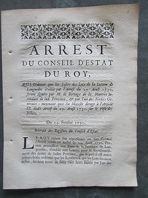 ( Loterie de Languedoc ). Arrest du Conseil d' Estat du Roy, Février 1731. Id., Mars 1731.