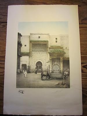Lithographie : La Fontaine Nadjarine, à Fès, ( Maroc ).