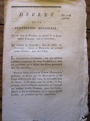 Décret de la Convention Nationale. [ Sur la conservation ( ? ) des documents anciens ].