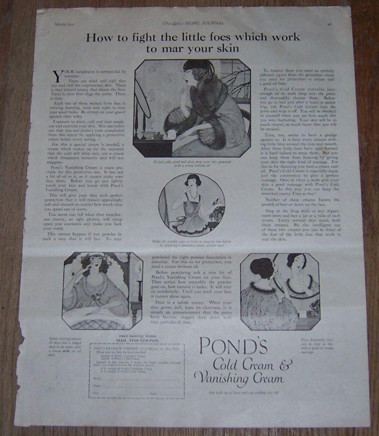 Image for 1921 LADIES HOME JOURNAL POND'S COLD CREAM AND VANISHING CREAM MAGAZINE ADVERTISEMENT