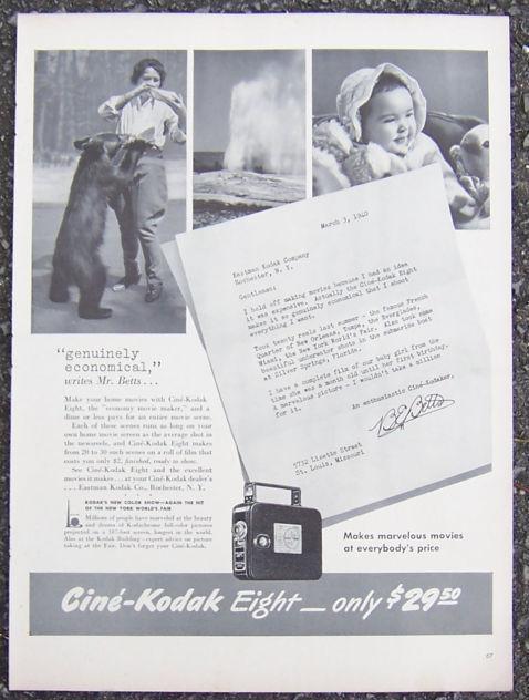 Image for 1940 CINE KODAK EIGHT LIFE MAGAZINE ADVERTISMENT