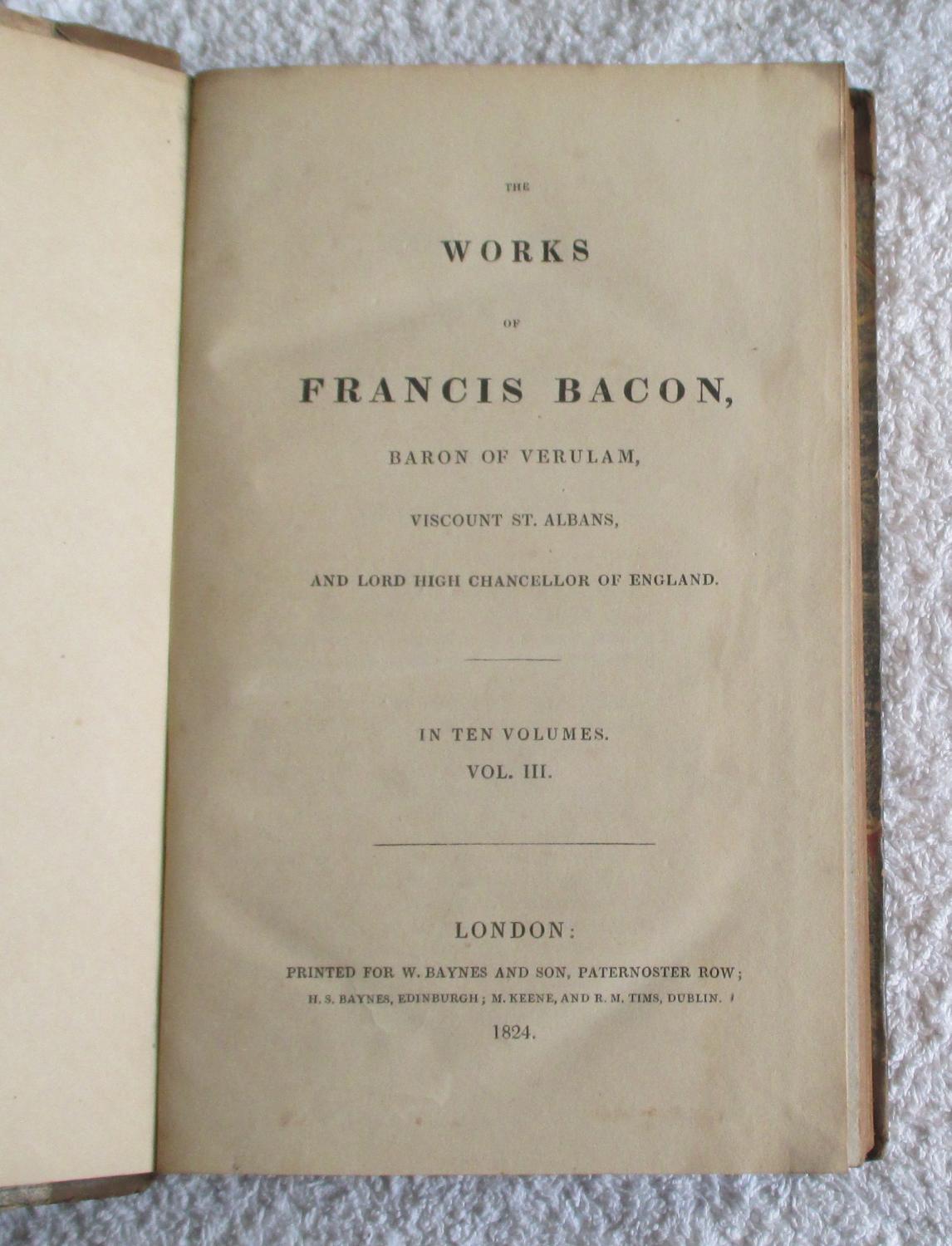 The Works of Francis Bacon in 10 Volumes -vol. 1 Only by Bacon, Francis: Fair Half-Leather (1824