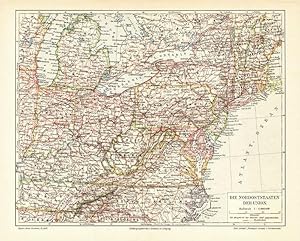 Original Antique Color Map of the Northeast United States. 1874.