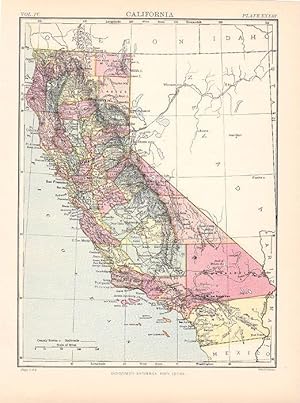 Antique Color Map of California from 1877. Encyclopaedia Britannica.