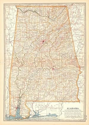 State Map of Alabama. Birmingham, Mongomery, Mobile, etc. Century Atlas. 1902.