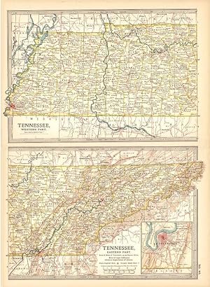 Original Antique State Maps of Western & Eastern Tennessee. Century Atlas. 1902.