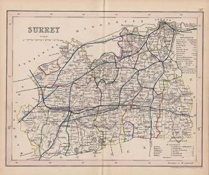 Antique Map of Surrey, England, UK by J Archer. 1845.