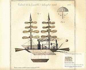 Gabriel de la Landelle's helicopter vessel 1863. 2 Abbildungen auf einem großen Büttenkarton