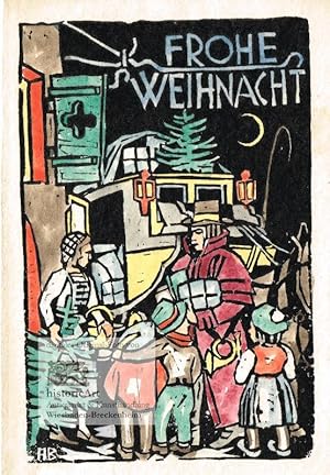 Kolorierter Original-Holzschnitt auf Weihnachts-Postkarte