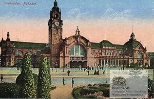 Wiesbaden, Bahnhof. Farbige Postkarte um 1900