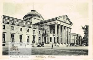 Wiesbaden. Kurhaus. Postkarte mit Blick auf das Kurhaus, Pferdedroschken und Automobil 1914