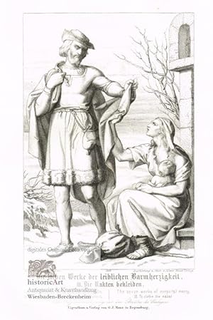 Die sieben Werke der leiblichen Barmherzigkeit. III. Die Nakten bekleiden. / Les sept oeuvres de la charite corporelle. III. Donner des vetements a ceux, qui ont manquent. / The seven works of corporal mercy. III. To clothe the naked. Original-Radierung v