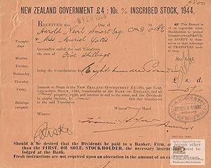 New Zealand Government Pounds 4:10 Shillings per Cent Inscribed Stock, 1944. Staatsanleihe Neusee...