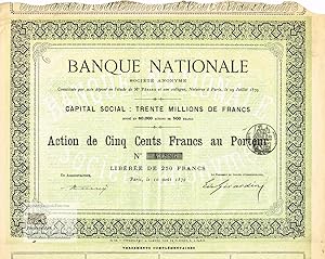 Banque Nationale. Inhaberaktie über 500 Francs, Paris 1879