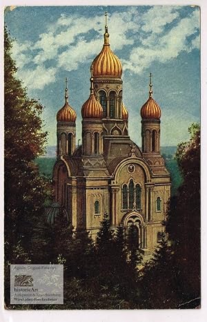 Wiesbaden - Russisch-Griechische Kapelle. Postkarte mit Chromolithographie 1905