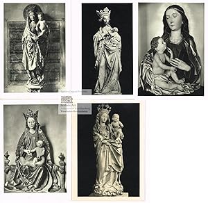 Konvolut von 4 Kunst-Postkarten. Geschnitzte Madonnen-Figuren mit Christuskind um 1970