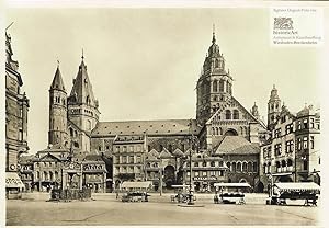 Der Dom zu Mainz. Ansicht des Mainzer Doms vom Marktplatz mit leeren Marktständen um 1910