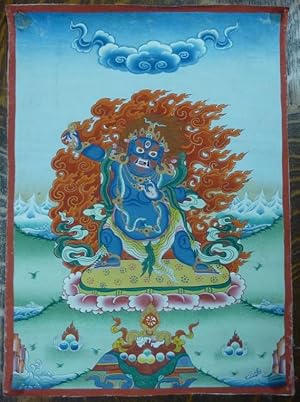 A medium-sized hand-painted Tibetan painted scroll (thangka) depicting the Mahayana Buddhist deit...