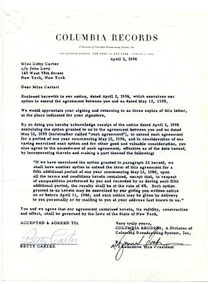 Betty Carter, Original Columbia Records, 1956 Recording Agreement, SIGNED By Betty Carter