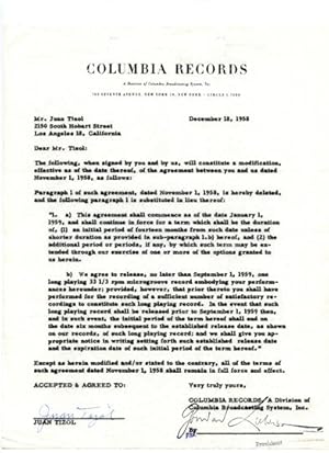 Juan Tizol Original Signed 1958 Columbia Records Recording Agreement