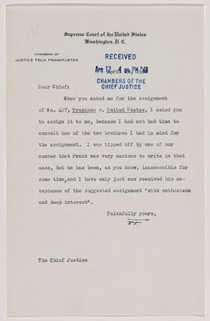 Felix Frankfurter TLS to Chief Vinson, April 2, 1948