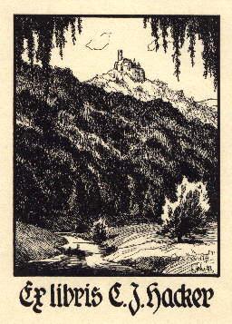 Exlibris für C.J.Hacker. Klischeedruck von Hans Schäfer.