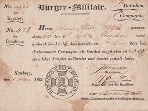 des Hamburger Bürger-Militair`s. 1. Bataillon, 1. Compagnie. Für Johann Felix Thiele., geboren an...