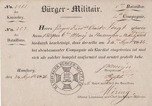 des Hamburger Bürger-Militair`s. 1. Bataillon, 4. Compagnie. Für Jürgen Friedrich Christian Voigt...