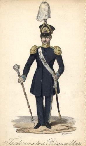 Tambourmaitre des Bürgermilitairs. Kolorierte Lithographie von H.Jessen im Verlag Berendsohn.