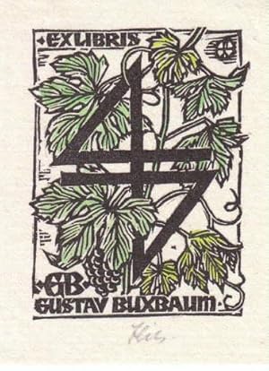 Exlibris für Gustav Buxbaum. Kolorierter Holzschnitt von Otto Feil, Wien, unten mit Bleistift sig...