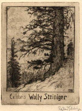 Exlibris für Wally Steiniger. Original-Radierung von Ferdinand Steiniger, mit Bleistift signiert.