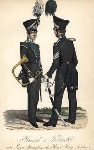 Hornist u.Feldwebel vom Jäger Bataillon des Hamb.Bürg.Militairs. Kolorierte Lithographie von H.Je...