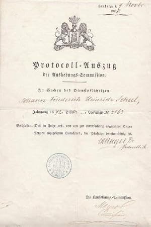 der Aushebungs-Commission. In Sachen des Dienstpflichtigen Johann Friederich Heinrich Scheel, Jah...