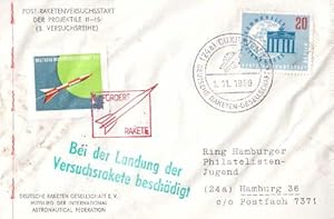 3. Versuchsreihe. Links mit Vignette und rotem Beförderungsstempel (Befördert mit Rakete), rechts...