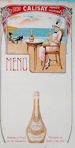 LICOR CALISAY. TÓNICO DIGESTIVO. MENÚ. ILUSTRACIÓN DE A. PEDRAGOSA. T.G. BOBES & CIA. BARCELONA. ...