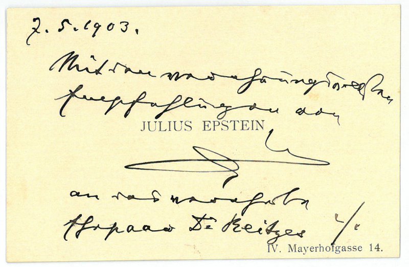 Eigenh Visitenkarte Mit U By Epstein Julius Musiker 12 1926 1903 Manuscript Nbsp Nbsp Paper Nbsp Collectible Antiquariat Inlibris Gilhofer Nfg Gmbh