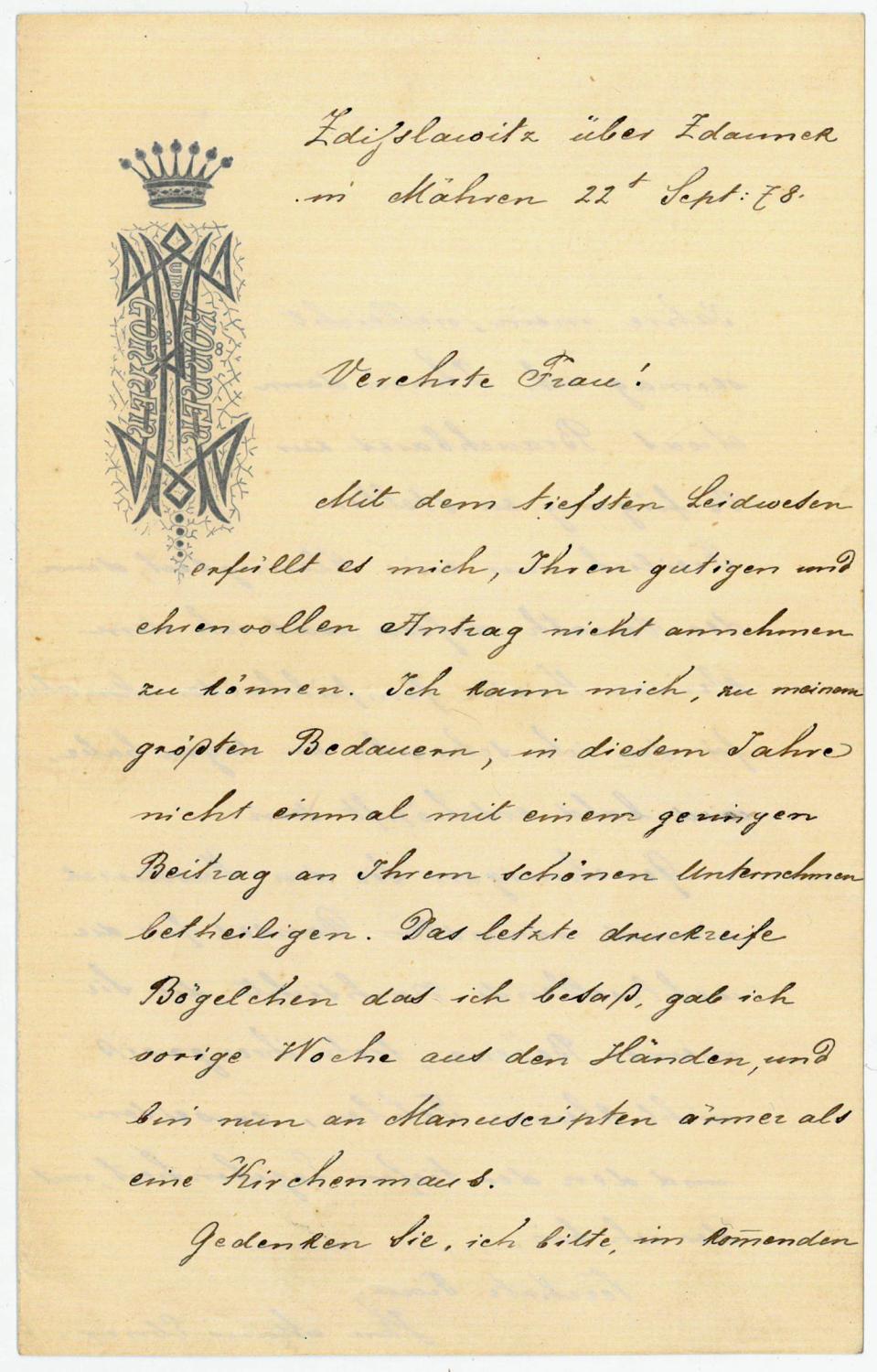 Brief mit U Ebner Eschenbach Marie von