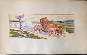 Automobilrennen. Pochoirkolorierte Lithographie nach Ernest Montaut (1879-1909)