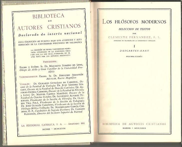 LOS FILOSOFOS MODERNOS. I. DESCARTES - KANT. - FERNANDEZ, Clemente. (Rec.).