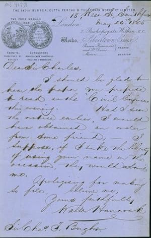 Autograph letter signed to Charles Tilston Bright