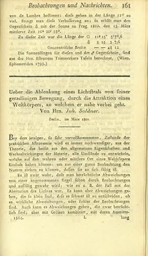 Ueber die Ablenkung eines Lichtstrals von seiner geradlinigen Bewegung, durch die Attraktion eine...