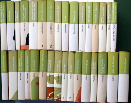Meisterwerke der Antike. 1. Homer: Die Odyssee, 2. Aischylos: Sämtliche Tragödien und Fragmente, 3. Platon: Meisterdialoge, 4. Griechische Lyriker, 5 u. 6. Platon: Der Staat I u. II, 7. Hippokrates: Von der heiligen Krankheit, 8. u. 9. Aristophanes: Sämtl
