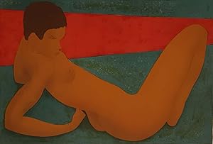 BONNEFOIT LITHOGRAPHIE ORIGINALE A Femme nue fond vert et rouge